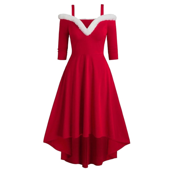 Julekjole for kvinner, langermet, plysj, høy og lav, dyp V-utringning, off-shoulder, stor sving Red XL