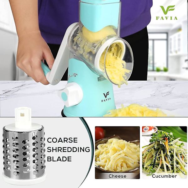 Rotary Hand Vegetable Grater, multifunktionell trumrivare, med 3 rostfria stålblad (blå)