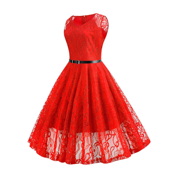 Dam Klänning Spets Retro Rockabilly Midi 50-tals 60-tals Kväll Fest Swing Sommarklänning Red XL