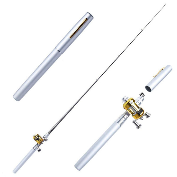 Lommestørrelse Fiskestang - Teleskopisk Pen Fiskestang Og Hjul Combo, Bærbar Rejse Lille Fiskestang Mini Fiskestang Fiskesæt Silver