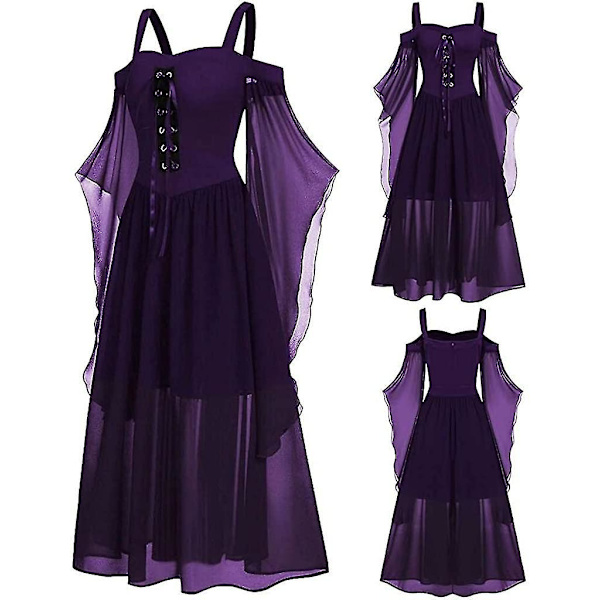 Maxikjole med sommerfugleærmer til kvinder, middelalder punk gotisk tøj, sexet Halloween kostume, kjoler med kolde skuldre og korset A-dark Purple 4X-Large