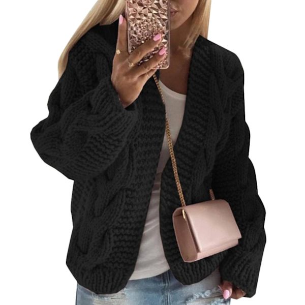 Naisten paksu neule lämmin neuletakki takki Black XL