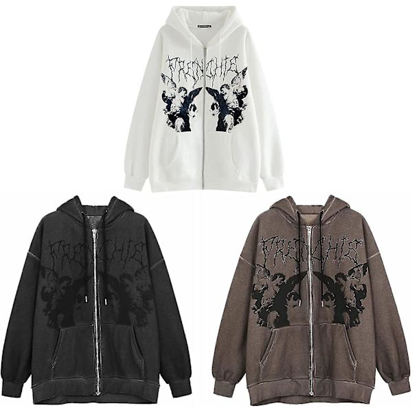 Naisten muotokuva painettu huppari lyhyt toppi pitkähihainen ylisuuri neuletakki collegepaita punk gootti katumuoti taskulla Black X*Large