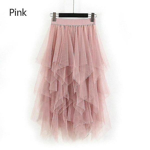 Dame Tulle Mesh Skjørt Høy Midje Lagdelt Plissert Maxi Lang Kjole One Size Pink