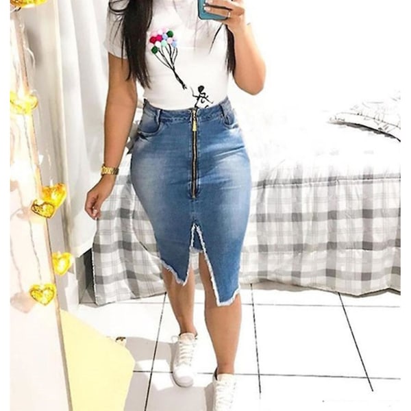 Lynlås Dame Denim Nederdel Slids Vintage Tætsiddende Dame Nederdel Høj Kvalitet Eksplosiv Denim Nederdel Vasket Slankende Nederdel med Frynser Gray M