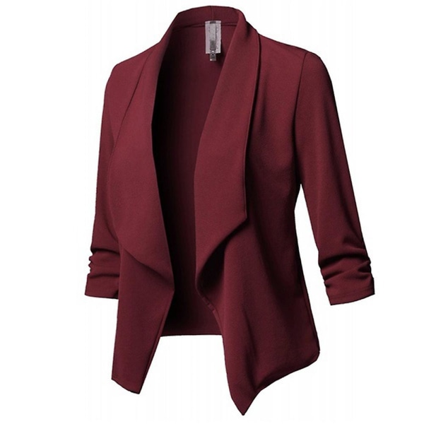 Dame Formel Arbejdsjakke Crop Blazer Jakkesæt Sjal Krave Cardigan Kontordamer Åben Front Frakke Overtøj Wine Red 3XL