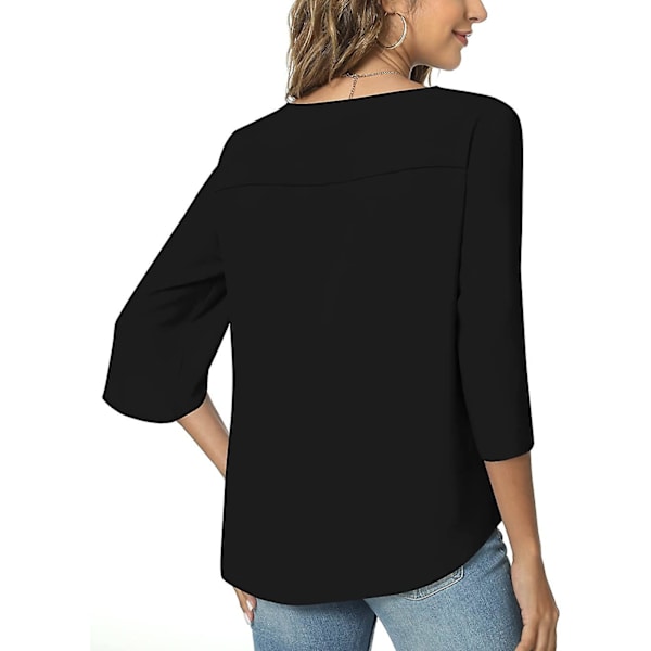 Sommar kvinnor casual skjorta, V-hals lös tunika topp för leggings, split 3/4 ärmar chiffong blus Black X-Large