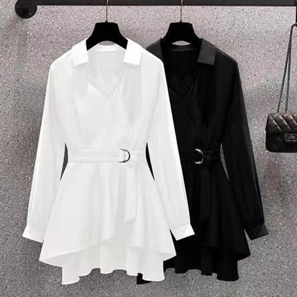 Damkrage asymmetrisk fållskjorta koreansk stil fint bälte V-ringad Casual toppar som passar för vänners samlingskläder Black Long Sleeve 4XL