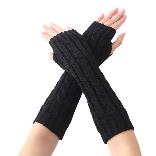 Vinter Fingerless Långa Handskar Halv Finger Stickad Armvärmare Ärm Solid Black