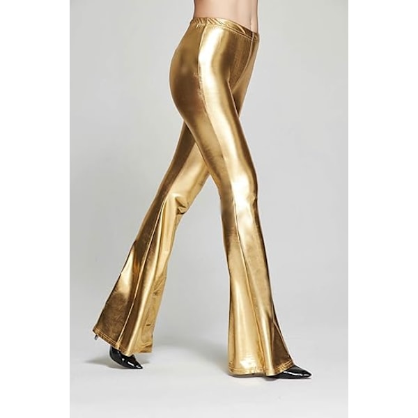 Dam Glittriga Metalliska Paljettbyxor med Hög Midja, Stretchiga Utsvängda Byxor, Guld Gold XL