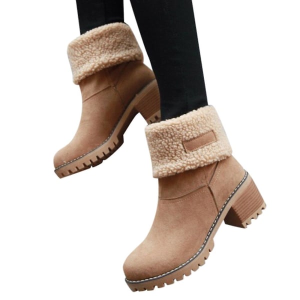 Dame Vinterstøvler Korte Sne Flock Varme Støvletter Sko Slip On Korte Ankel Chunky Hæl Støvler Khaki 41