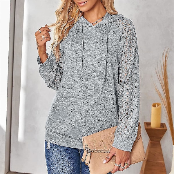 Dame Hættetrøjer Blonde Patchwork Langærmet Hættetrøje Casual Mode Tunika Pullover Stilfuld Elegant Sweatshirt Snøre Jumper Toppe Med Lommer Light Grey M
