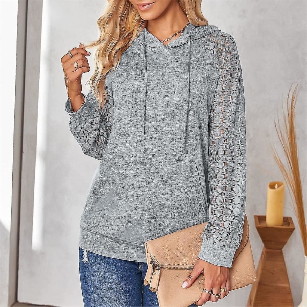 Damtröjor Spets Patchwork Långärmad Huvtröja Casual Fashion Tunika Pullover Stylish Elegant Sweatshirt Dragsko Jumper Toppar Med Ficka Light Grey M