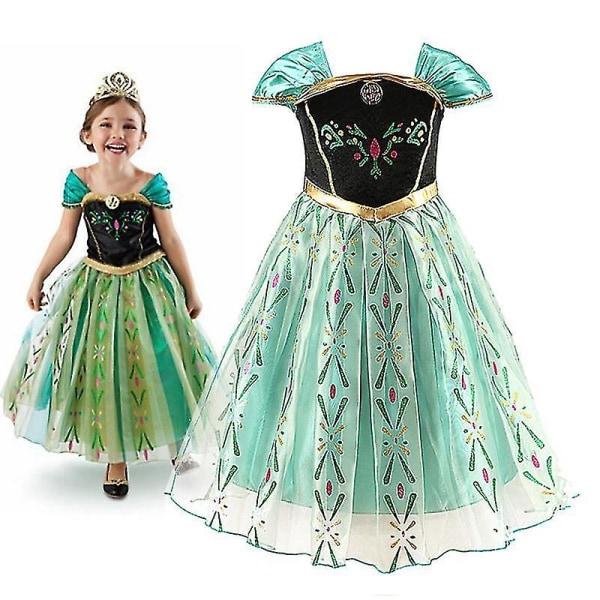 Anna Princess Dress Cosplay Costume Girls Blommig Anembroidery Shoulderless Green Dress 140