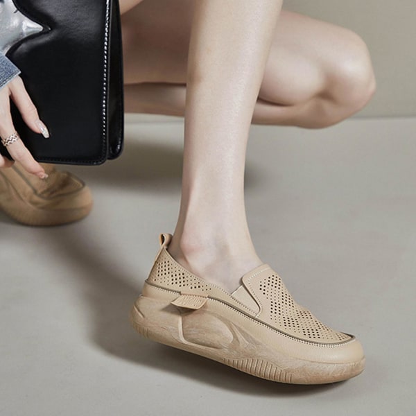 Kvinna Casual Platform Skor Andas Läder Slip-on Loafers för dagligt arbete Studera Shopping Beige 37