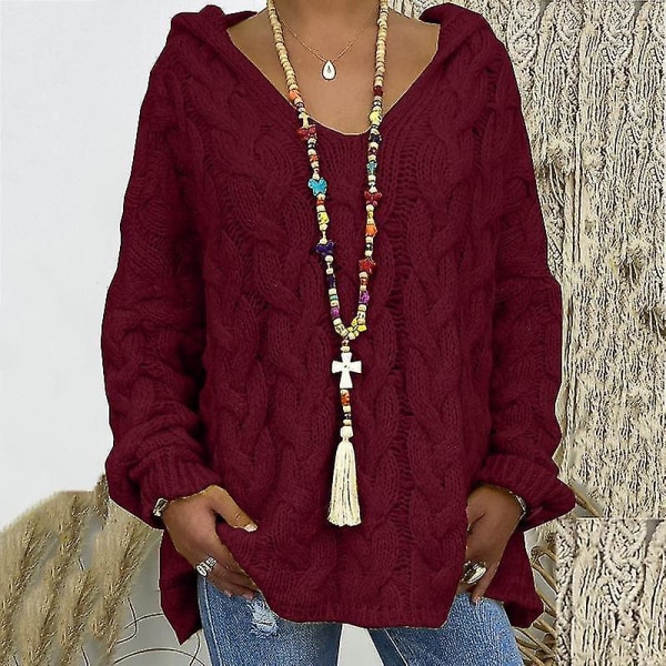Dame Langærmet Strikkede Sweatre Arbejde Hættetrøjer Vinter Varm Hættetrøje Sweater Wine Red XL