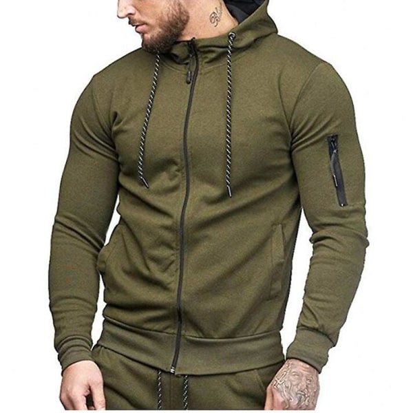 Herr Hoodie Dragkedja Upp Huvtröja Vinter Sport Jogging Tröja Toppar Army Green L