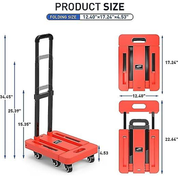 Sammenklappelig vogn, 500 Lb kraftig bagagevogn, multifunktionel platformsvogn med 6 hjul, bagagevogn, rejser, mobil, shopping, kontorbrug red