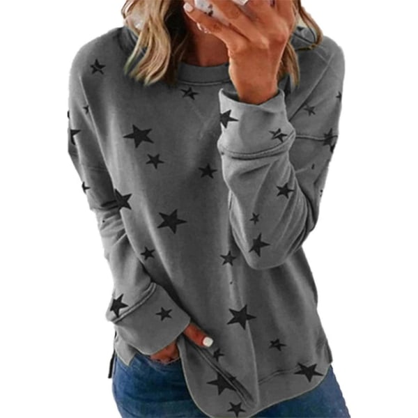 Dame Casual Stjerne Trykket Langermet Rund Hals T-skjorte Tunika Topper Bluse Pluss Størrelse Høst Light Grey L