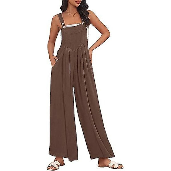 Dam Arbetsbyxor, Jumpsuit med Vida Ben, Casual Byxor med Axelband, Sommar Jumpsuit, Tröja, Lös Ärmlös Axelband, Kläder med Fickor brown L