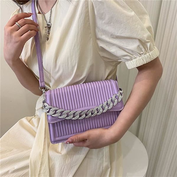 Dam Crossbody Väska - Liten Crossbody Väska Mode Enfärgad Läder Vertikalt Mönster Kedja Axelremsväska Messenger Handväska Purple