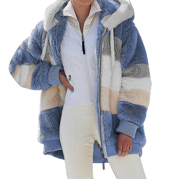 Dam Färgblock Långärmad Hooded Teddy Bear Fleece Jacka Vinter Varm Kappa Blue S
