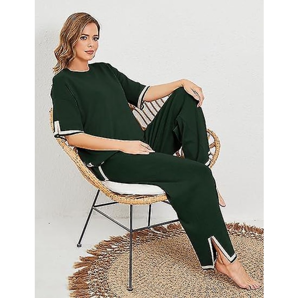 Fashion Kostym Färgkontrast Split Kortärmad Stickad + Högmidjade Slankande Vida Byxor Tvådelad Set green M