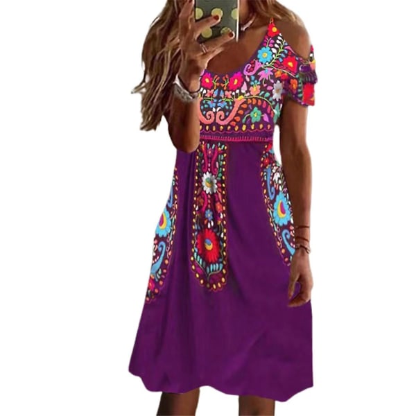 Boheme blomstret A-linje kjole med kolde skuldre til kvinder, sommerkjoler med korte ærmer, plus size Purple L