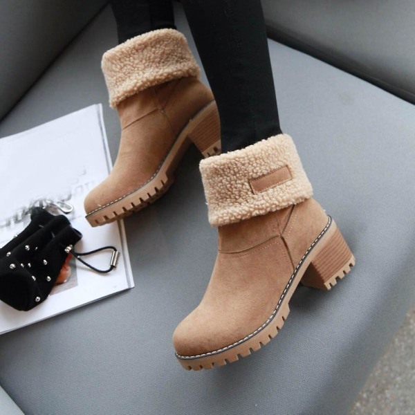 Dame Vinterstøvler Korte Sne Flock Varme Støvletter Sko Slip On Korte Ankel Chunky Hæl Støvler Khaki 40