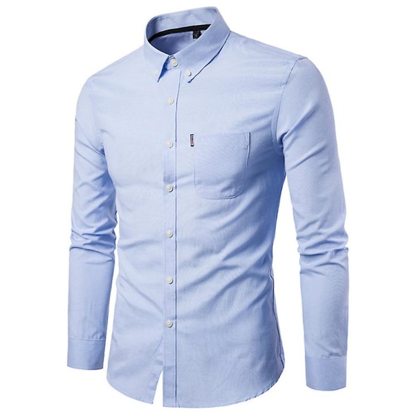 Herr enfärgad formell knappskjorta långärmad business slim fit skjorta casual toppar ficka Sky Blue 3XL