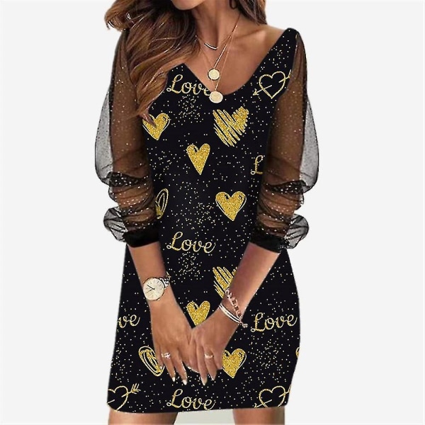 Damklänning Paljetter Genomskinlig Mesh Långärmad V-ringad Kort Klänning Flowers 2XL