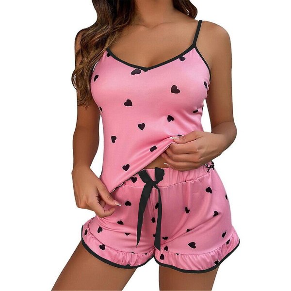 Kvinnors tryckta pyjamas set sommar nattkläder camisole väst shorts pjs loungewear Pink S