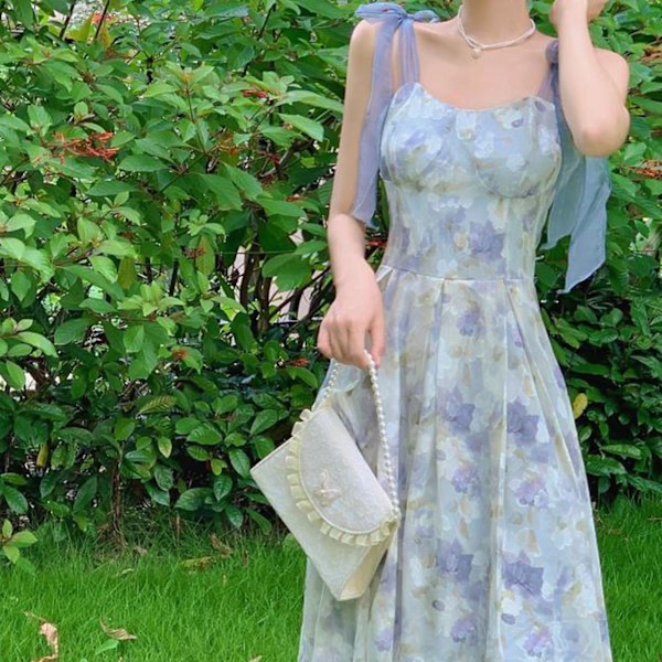 Dam Camisole Blommig Klänning Polyester Material Fyrkantig Krage Klänning För Utomhusresor Strandfest M