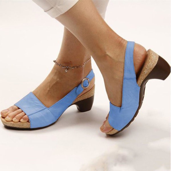 Bekväma Eleganta skor med låga klackar Kvinnor Sommar Sandaler med tjock klack Pumps Ankelspänne Öppen tå Casual Light blue 37