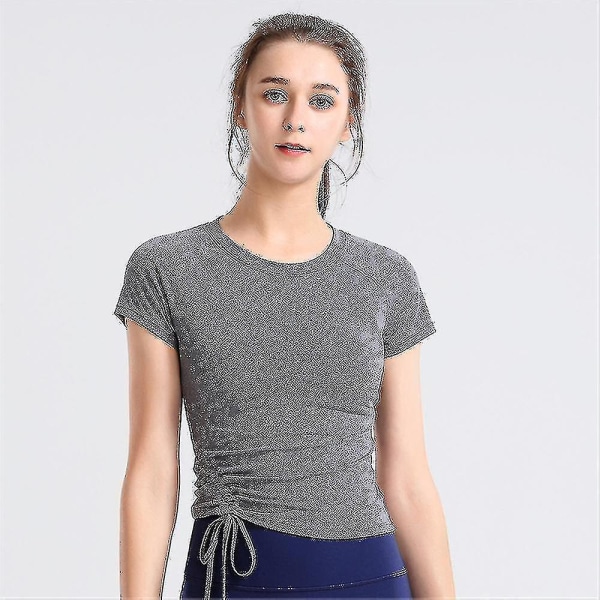 Yoga Tröja Dam Kort Ärm Snabbtorkande Tränings T-shirt Rund Hals Åtsittande Sportkläder Dark Gray XL