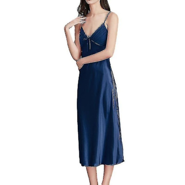 Dam satin silke nattlinne spaghetti sling rem sleevless nattlinnen med spets Navy Blue M