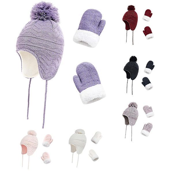 Barn Vinter Öronmuff Mössa Pompom Stickad Hatt Tjock Vante Vante Värmare Set Light Purple