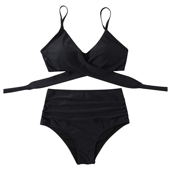 Dame Wrap Bikini Sett Høy Taljet 2-delt Badedrakt Black S