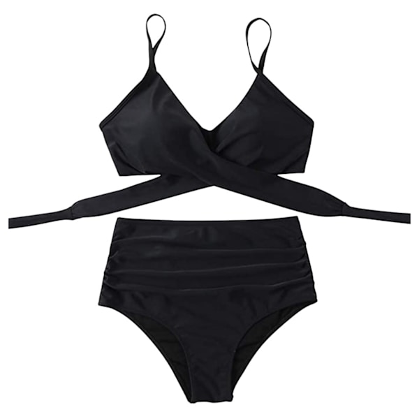 Omlott Bikini Set för Kvinnor Högmidjade 2-delade Baddräkter Black M