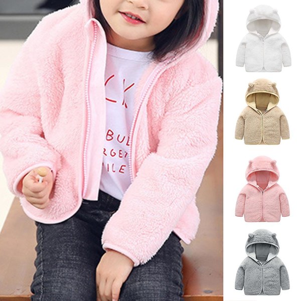 Baby faux ull jacka vårkläder förtjockad varm huva blixtlås Topp Pink 110cm
