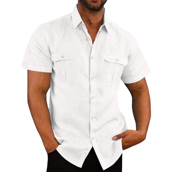 Herr T-shirt med kort ärm, enfärgad, med knappar och krage, sommar, casual, fickor White XL