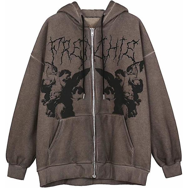 Naisten muotokuva painettu huppari lyhyt toppi pitkähihainen ylisuuri neuletakki collegepaita punk gootti katumuoti taskulla Coffee Large
