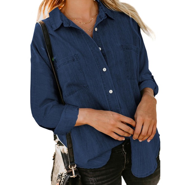 Dam Denimskjortor med Knappar V-ringad Blus Toppar Med Fickor För Vår Höst Vardagsbruk Blue XL