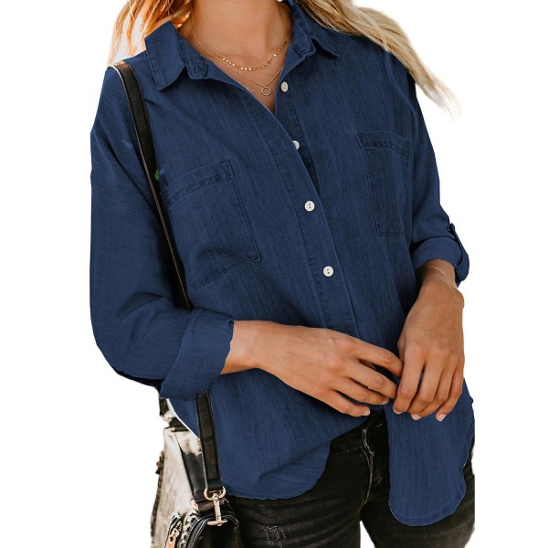 Damskjortor med knapp och nedringning blus med V-ringad blus med fickor för vår höst dagligt slit Blue XL