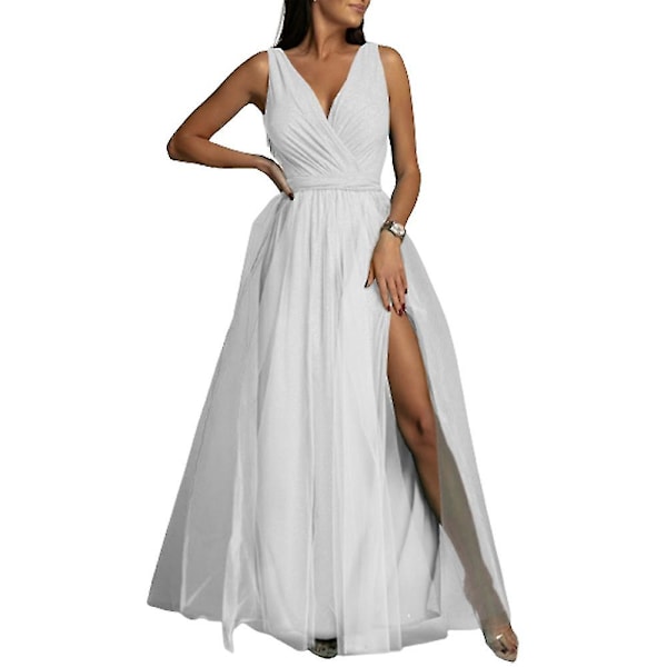 Dame V-hals Brudepige Bryllup Maxi Kjole Dame Galla Balkjole Aften Cocktail Party Slids Lange Kjoler Bedste Gave White XL