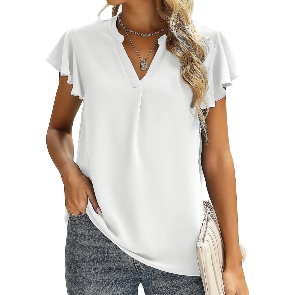 Dam Sommar Casual Delad V-ringning Chiffongblusar Lös Tunika Kortärmade Toppar 02white Large