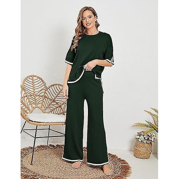 Fashion Kostym Färgkontrast Split Kortärmad Stickad + Högmidjade Slankande Vida Byxor Tvådelad Set green M