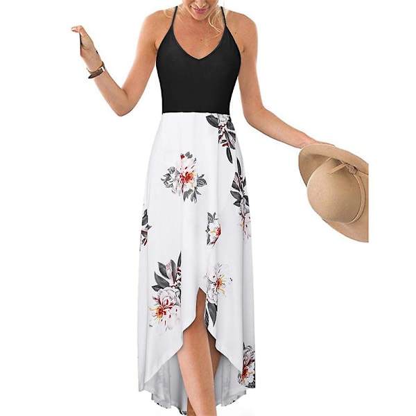 Dame Blomstret Slip Kjole Sommer Strand Svalehaler Swing A-Linje Kjoler Ærmeløs V-Hals Sommerkjole Plus Størrelse White 4XL