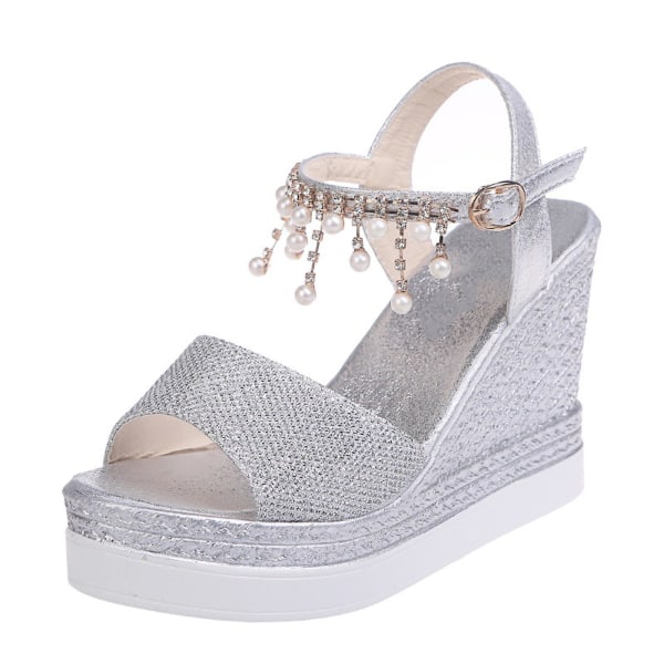 Naisten Flatform-kiilakorkosandaalit, espadrillos-kiilakorkosandaalit helmillä, nilkkaremmillä, syntymäpäivälahjoja naisille Silver 36
