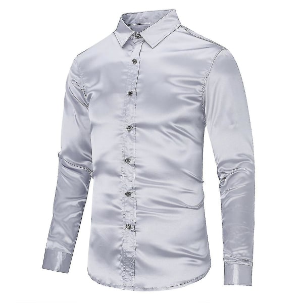 Herr Casual Mode Glänsande Långärmad Slim-fit Formell Skjorta Gray M